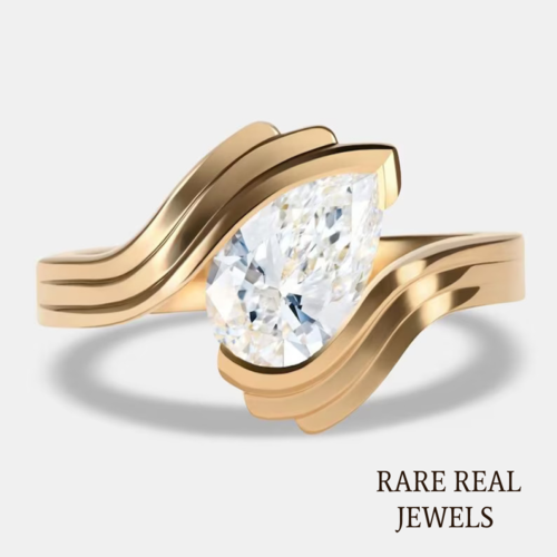 1.00 ct Pear Lab Grown Diamond Yellow Gold Half Bezel Engagement Ring