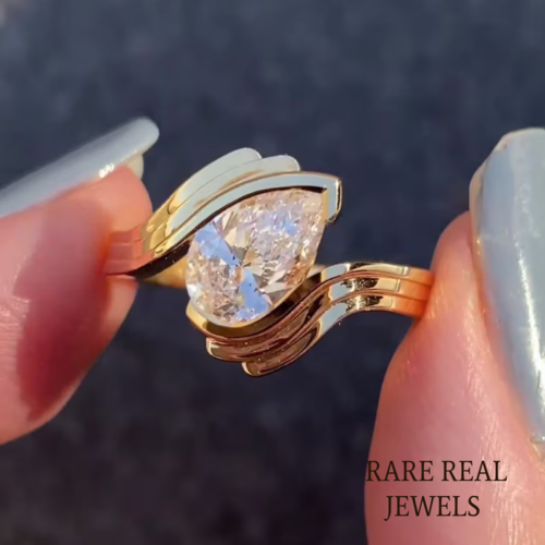 1.00 ct Pear Lab Grown Diamond Yellow Gold Half Bezel Engagement Ring