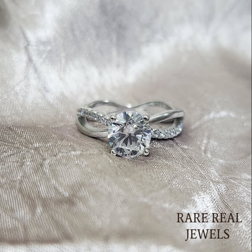 White Gold Moissanite Twist Ring: Pavé Band Engagement Jewelry