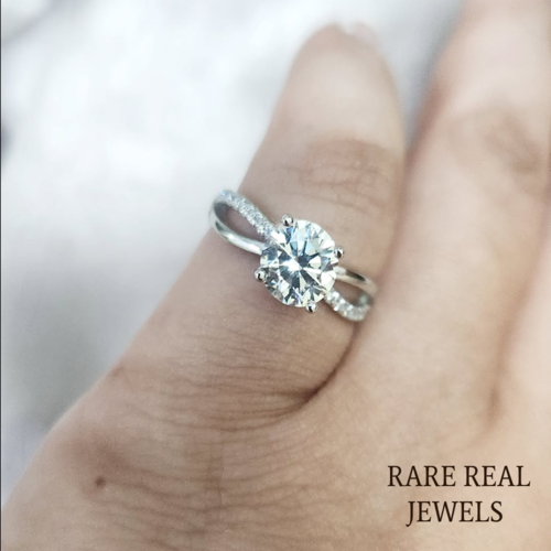 White Gold Moissanite Twist Ring: Pavé Band Engagement Jewelry