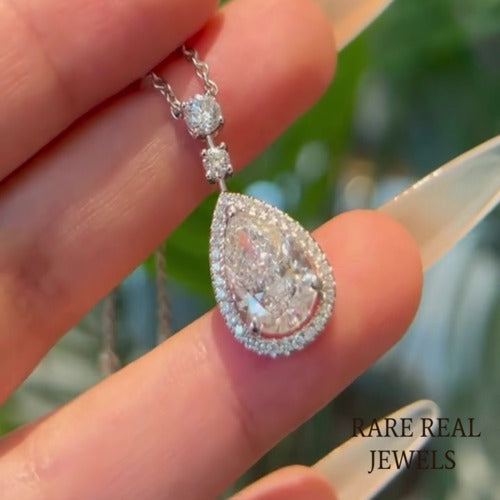 Pear Lab Grown Diamond Halo Pendant: 3.50 CT White Gold Necklace