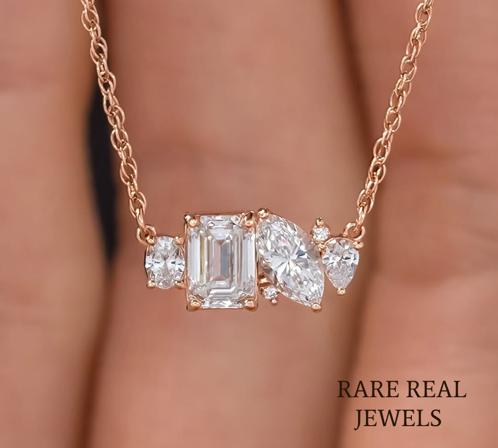Mixed Shape Lab Grown Diamond Necklace in 14K Rose Gold | Emerald, Pear, Round & Heart Diamond Pendant Main image