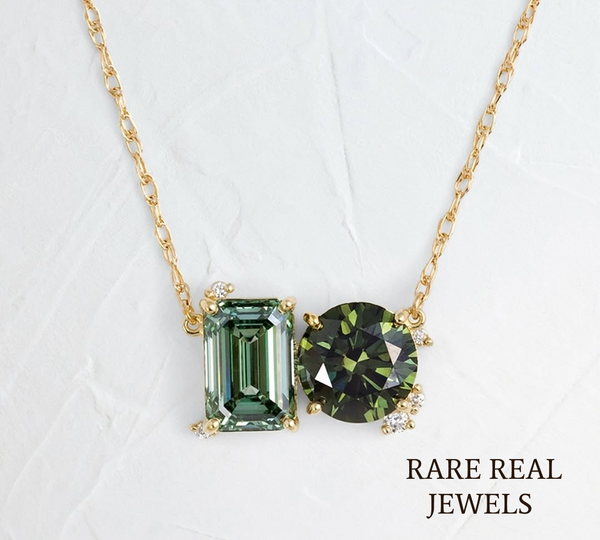 Blue Oval & Round Lab Grown Diamond Necklace, 14K Yellow Gold Two Stone Pendant, Toi Et Moi Necklace, Gift for Her