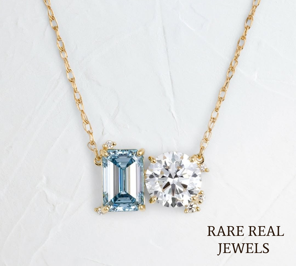 Blue Oval & Round Lab Grown Diamond Necklace, 14K Yellow Gold Two Stone Pendant, Toi Et Moi Necklace, Gift for Her