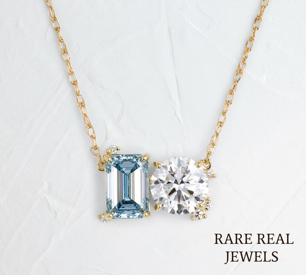 Blue Oval & Round Lab Grown Diamond Necklace, 14K Yellow Gold Two Stone Pendant, Toi Et Moi Necklace, Gift for Her