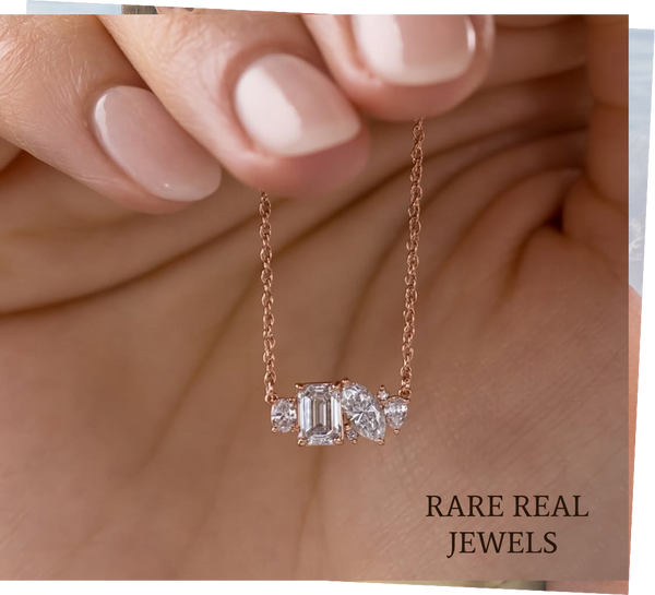 Mixed Shape Lab Grown Diamond Necklace in 14K Rose Gold | Emerald, Pear, Round & Heart Diamond Pendant