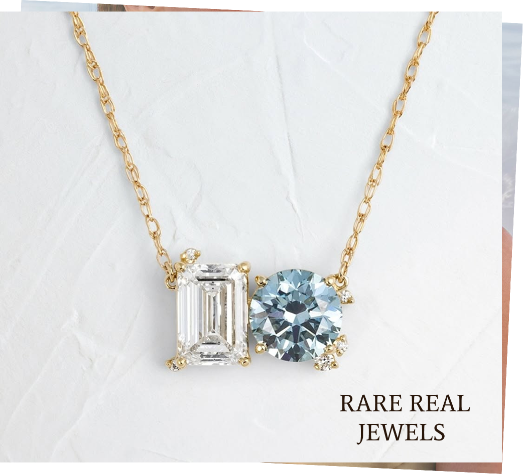 Blue Oval & Round Lab Grown Diamond Necklace, 14K Yellow Gold Two Stone Pendant, Toi Et Moi Necklace, Gift for Her