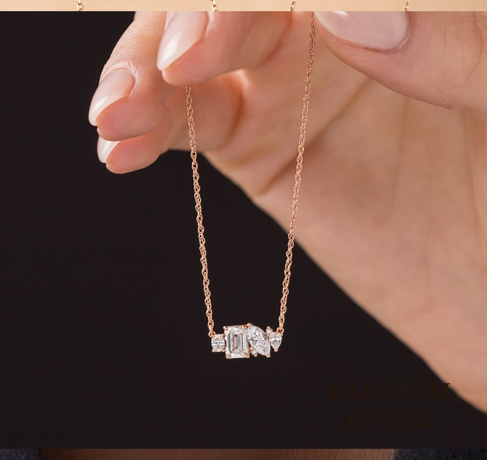 Mixed Shape Lab Grown Diamond Necklace in 14K Rose Gold | Emerald, Pear, Round & Heart Diamond Pendant