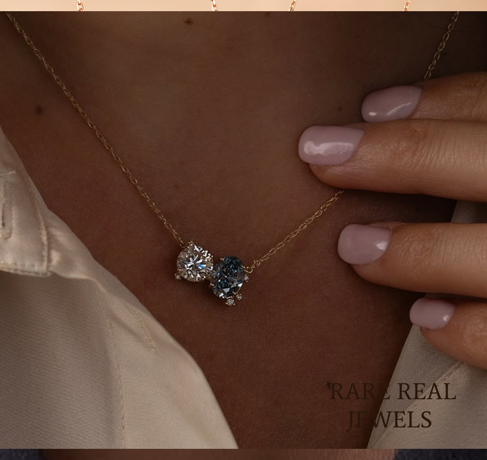 Blue Oval & Round Lab Grown Diamond Necklace, 14K Yellow Gold Two Stone Pendant, Toi Et Moi Necklace, Gift for Her