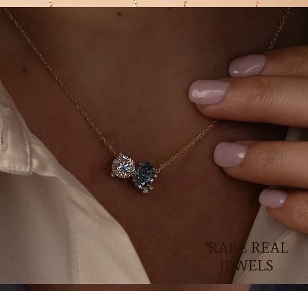 Blue Oval & Round Lab Grown Diamond Necklace, 14K Yellow Gold Two Stone Pendant, Toi Et Moi Necklace, Gift for Her