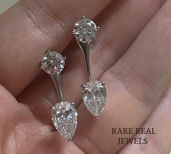 Round & Pear Lab Grown Diamond Drop Earrings, 14K White Gold Dangle Earrings, Bridal Diamond Earrings, Gift for Her