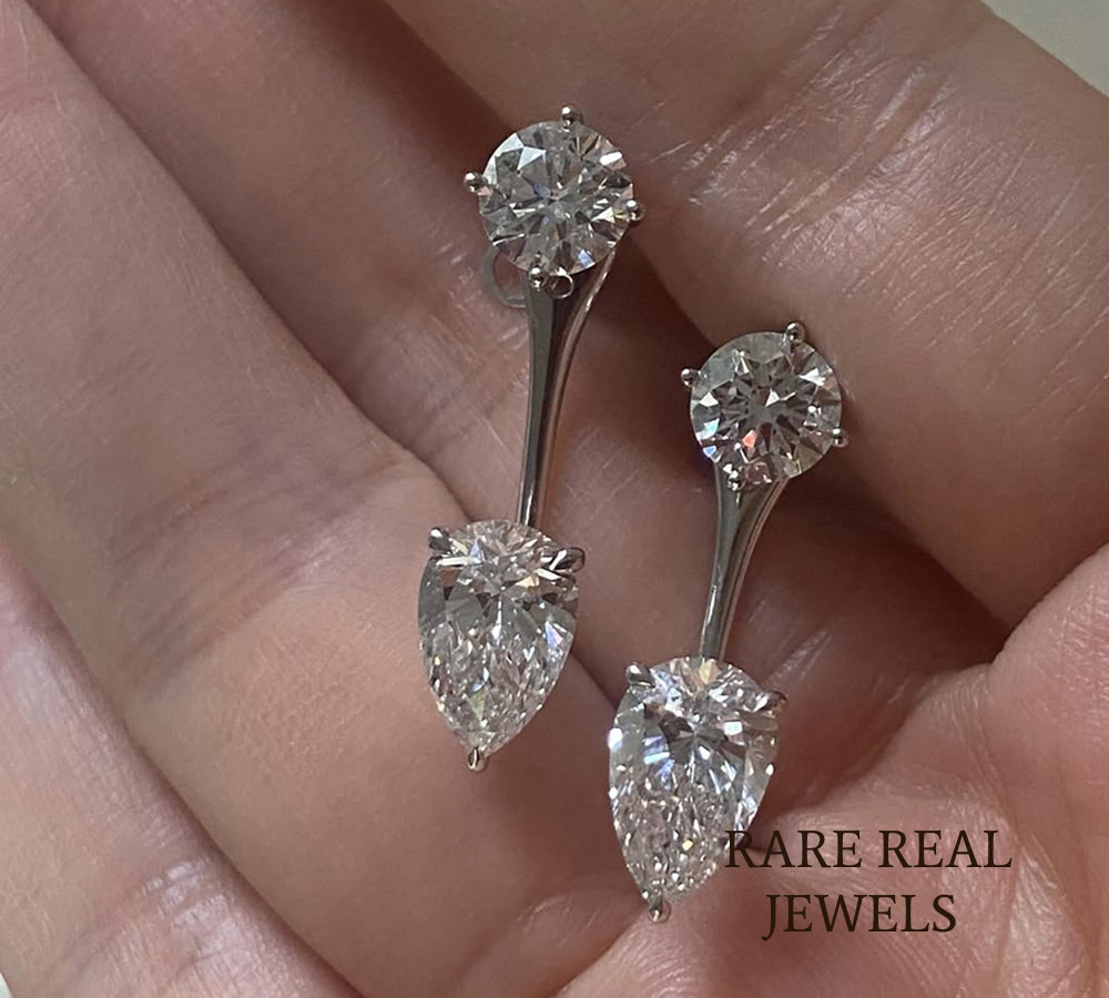 Round & Pear Lab Grown Diamond Drop Earrings, 14K White Gold Dangle Earrings, Bridal Diamond Earrings, Gift for Her Main image