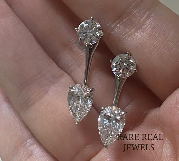 Round & Pear Lab Grown Diamond Drop Earrings, 14K White Gold Dangle Earrings, Bridal Diamond Earrings, Gift for Her