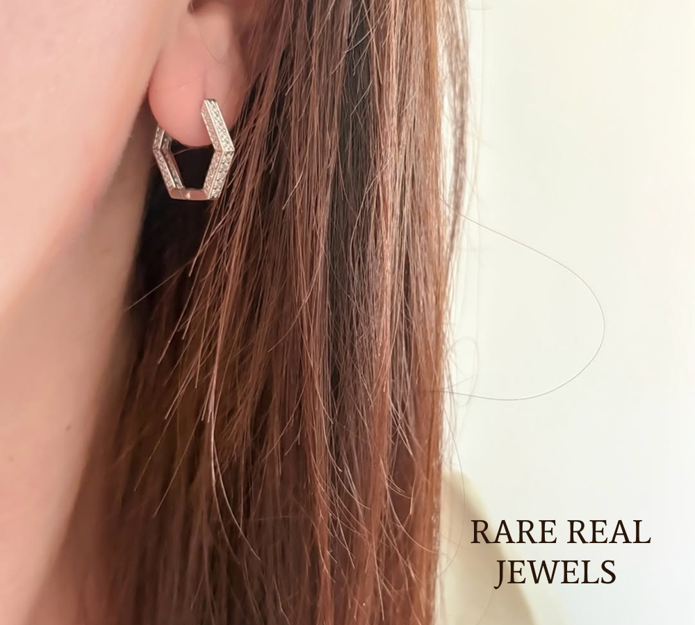 Luxury Hexagon Pavé Diamond Hoop Earrings in 14K White Gold – Modern Geometric Huggie Earrings for Women Secondary image