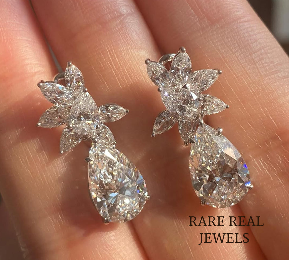 Pear Cut Lab Grown Diamond Floral Cluster Dangle Earrings, Bridal White Gold Main image