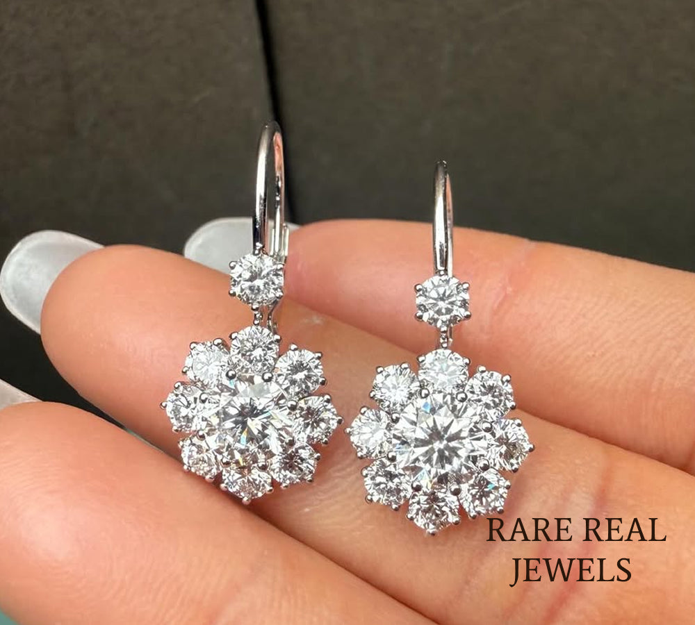 Luxury Floral Diamond Drop Earrings in 14K White Gold – Round Brilliant Cluster Diamond Dangle Earrings for Women Main image