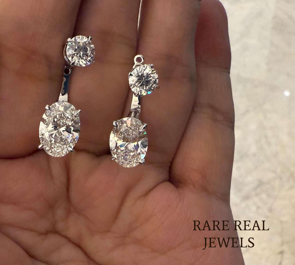 Luxury Oval and Round Diamond Drop Earrings in 14K White Gold – Two Stone Diamond Dangle Earrings for Women Main image