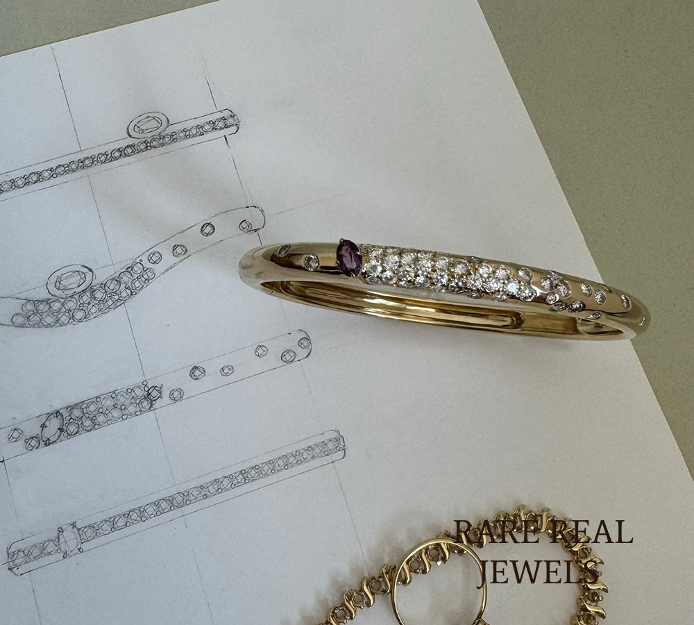 Luxury Diamond and Amethyst Hinged Bangle Bracelet in 14K Rose Gold – Pavé Diamond Statement Bangle for Women