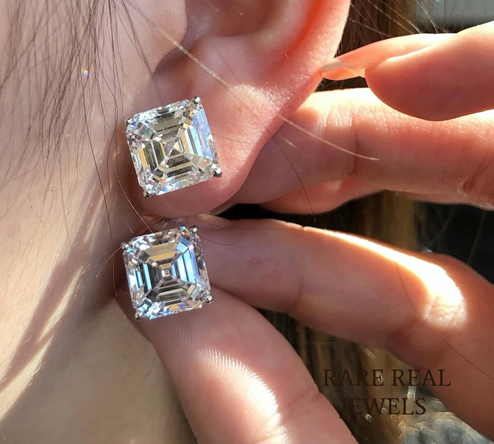 Luxury Asscher Cut Solitaire Diamond Stud Earrings in 14K White Gold – Classic Four Prong Diamond Earrings for Women