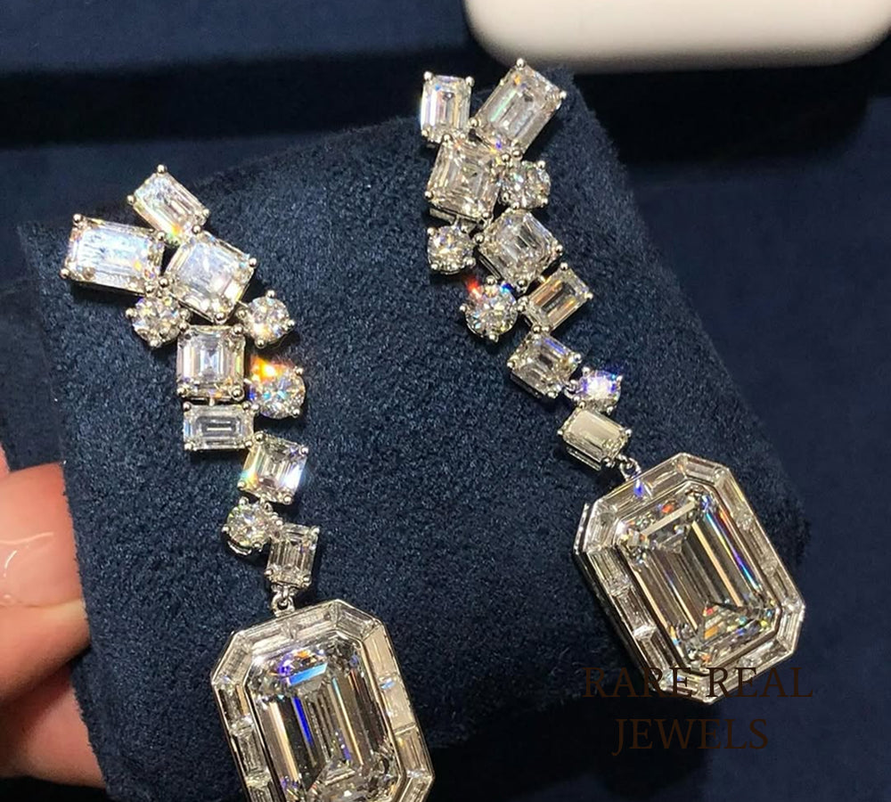 Luxury Emerald Cut Diamond Drop Earrings in 14K White Gold – Multi Shape Diamond Statement Dangle Earrings for Women Main image