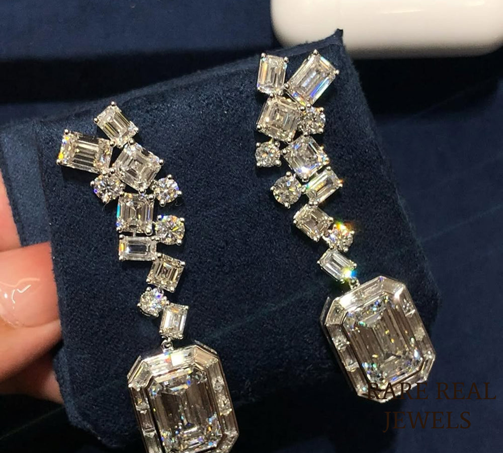 Luxury Emerald Cut Diamond Drop Earrings in 14K White Gold – Multi Shape Diamond Statement Dangle Earrings for Women Secondary image