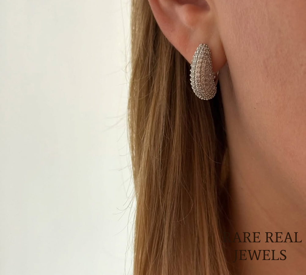 Luxury Pavé Diamond Hoop Earrings in 14K White Gold – Bold Oval Diamond Huggie Earrings for Women Secondary image