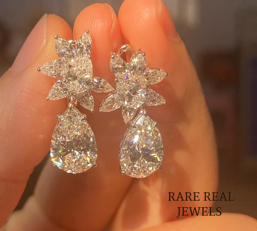 Pear Cut Lab Grown Diamond Floral Cluster Dangle Earrings, Bridal White Gold Secondary image