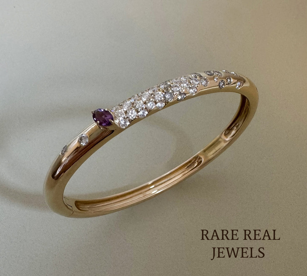 Luxury Diamond and Amethyst Hinged Bangle Bracelet in 14K Rose Gold – Pavé Diamond Statement Bangle for Women Main image