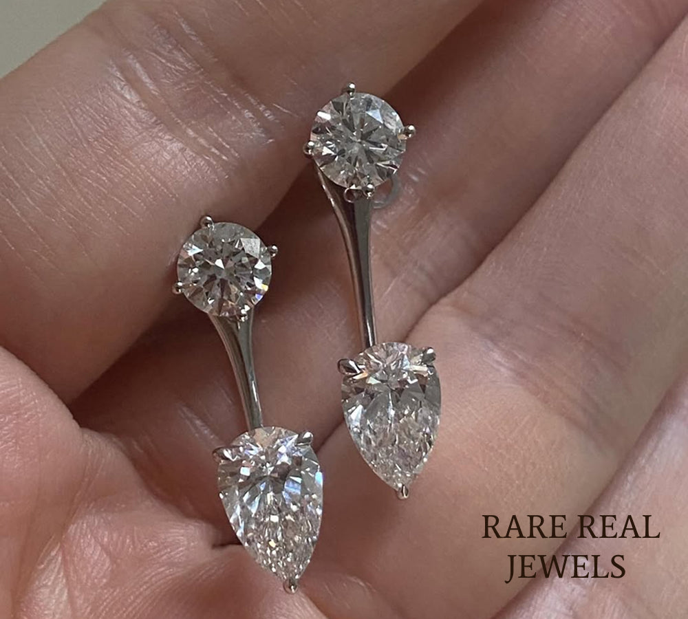 Round & Pear Lab Grown Diamond Drop Earrings, 14K White Gold Dangle Earrings, Bridal Diamond Earrings, Gift for Her