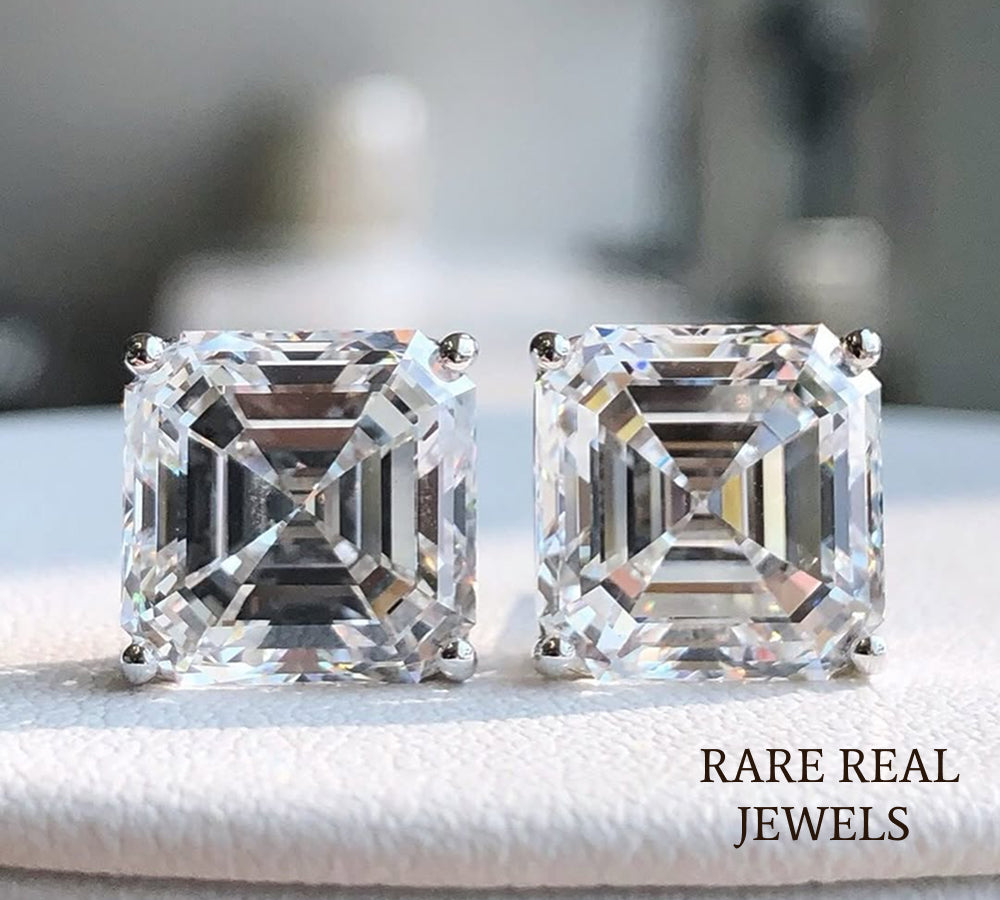 Luxury Asscher Cut Solitaire Diamond Stud Earrings in 14K White Gold – Classic Four Prong Diamond Earrings for Women