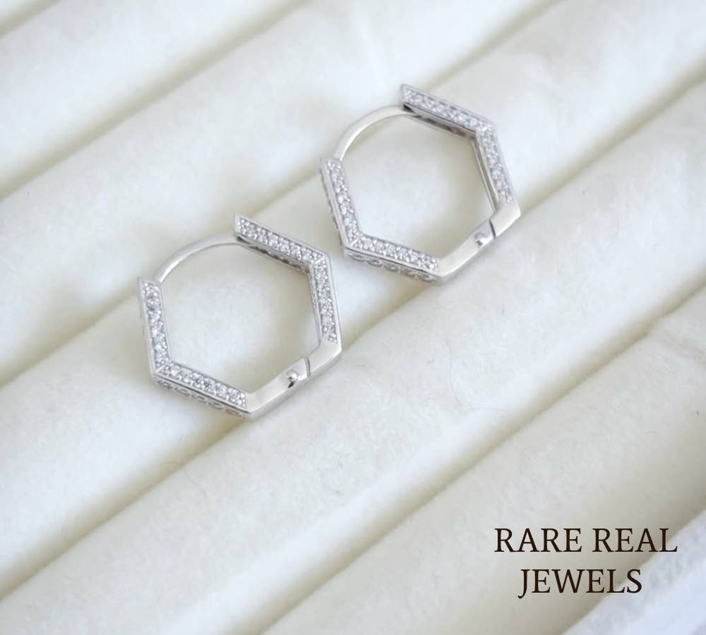 Luxury Hexagon Pavé Diamond Hoop Earrings in 14K White Gold – Modern Geometric Huggie Earrings for Women