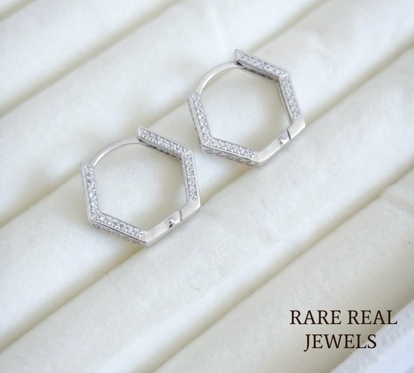 Luxury Hexagon Pavé Diamond Hoop Earrings in 14K White Gold – Modern Geometric Huggie Earrings for Women