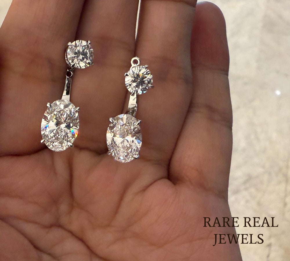 Luxury Oval and Round Diamond Drop Earrings in 14K White Gold – Two Stone Diamond Dangle Earrings for Women