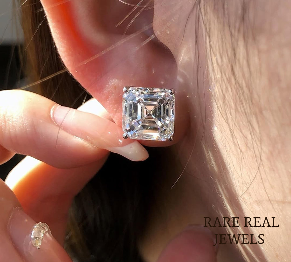 Luxury Asscher Cut Solitaire Diamond Stud Earrings in 14K White Gold – Classic Four Prong Diamond Earrings for Women