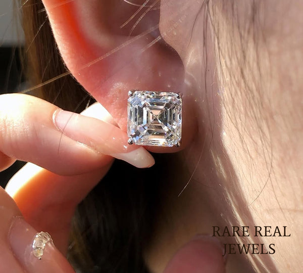 Luxury Asscher Cut Solitaire Diamond Stud Earrings in 14K White Gold – Classic Four Prong Diamond Earrings for Women