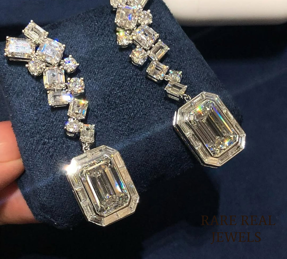 Luxury Emerald Cut Diamond Drop Earrings in 14K White Gold – Multi Shape Diamond Statement Dangle Earrings for Women