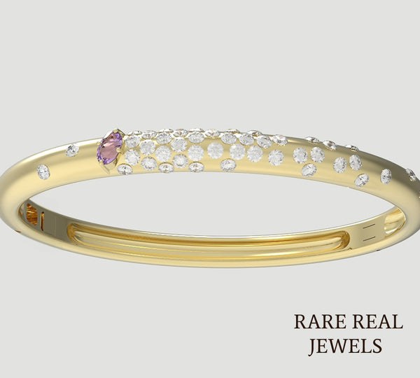 Luxury Diamond and Amethyst Hinged Bangle Bracelet in 14K Rose Gold – Pavé Diamond Statement Bangle for Women
