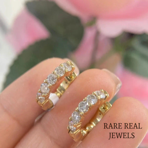 10K Gold Lab Grown Diamond Huggie Hoop Earrings: Dainty 5-Stone Design