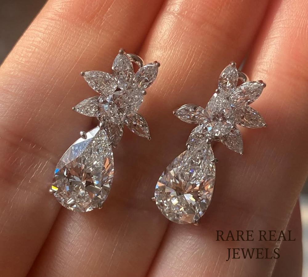 Pear Cut Lab Grown Diamond Floral Cluster Dangle Earrings, Bridal White Gold