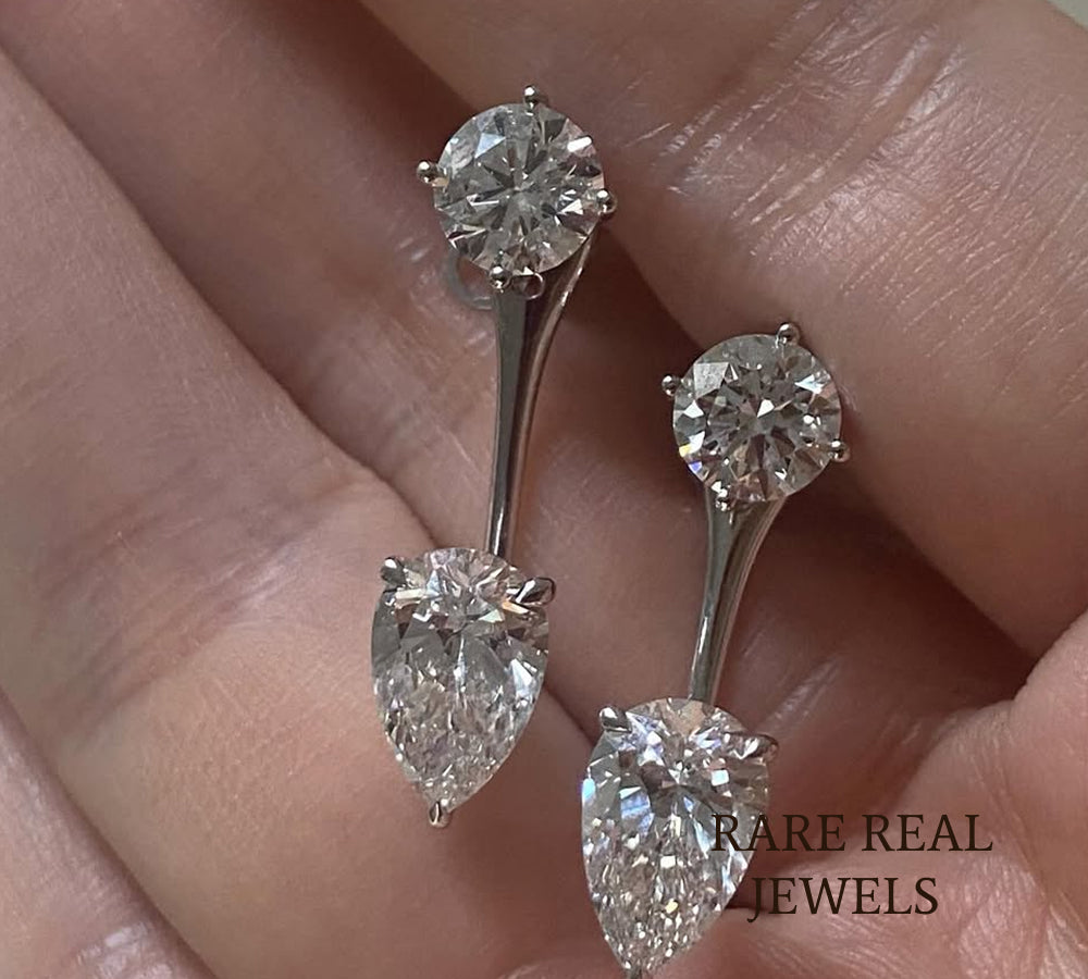 Round & Pear Lab Grown Diamond Drop Earrings, 14K White Gold Dangle Earrings, Bridal Diamond Earrings, Gift for Her