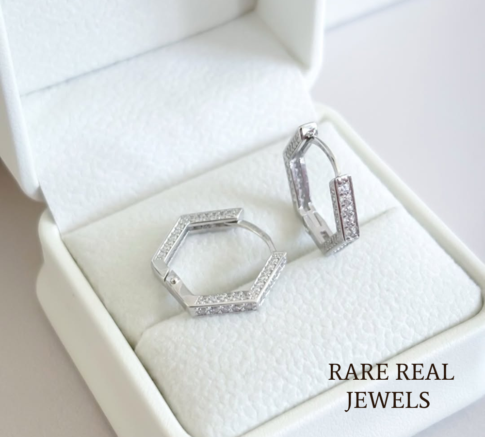 Luxury Hexagon Pavé Diamond Hoop Earrings in 14K White Gold – Modern Geometric Huggie Earrings for Women Main image