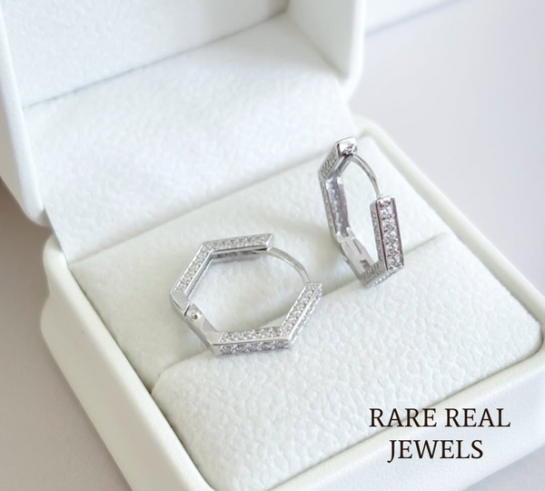 Luxury Hexagon Pavé Diamond Hoop Earrings in 14K White Gold – Modern Geometric Huggie Earrings for Women