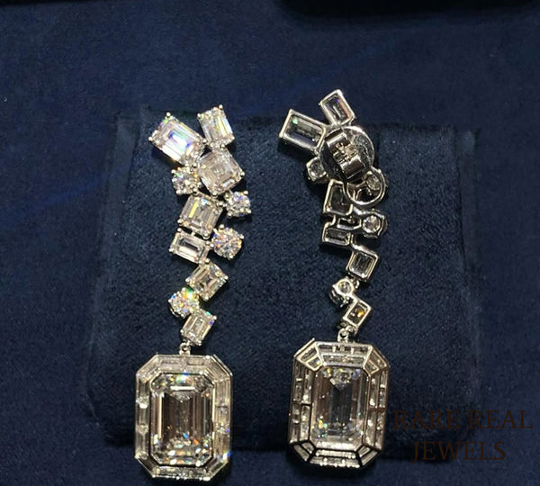 Luxury Emerald Cut Diamond Drop Earrings in 14K White Gold – Multi Shape Diamond Statement Dangle Earrings for Women