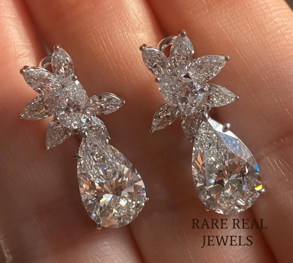 Pear Cut Lab Grown Diamond Floral Cluster Dangle Earrings, Bridal White Gold