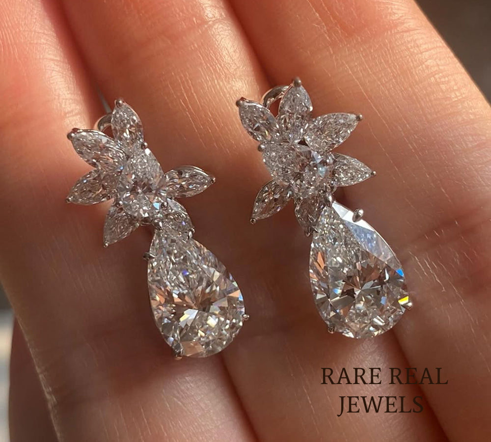 Pear Cut Lab Grown Diamond Floral Cluster Dangle Earrings, Bridal White Gold