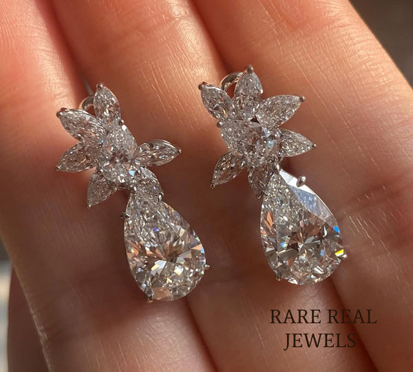 Pear Cut Lab Grown Diamond Floral Cluster Dangle Earrings, Bridal White Gold