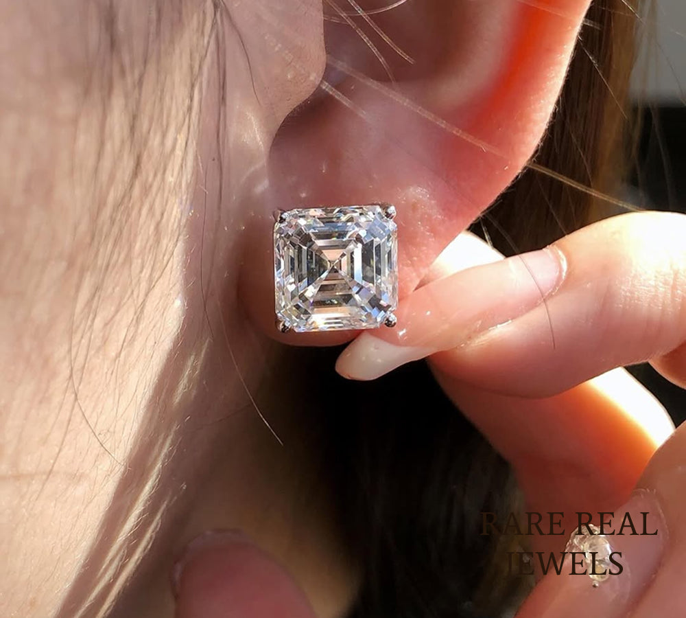 Luxury Asscher Cut Solitaire Diamond Stud Earrings in 14K White Gold – Classic Four Prong Diamond Earrings for Women Secondary image