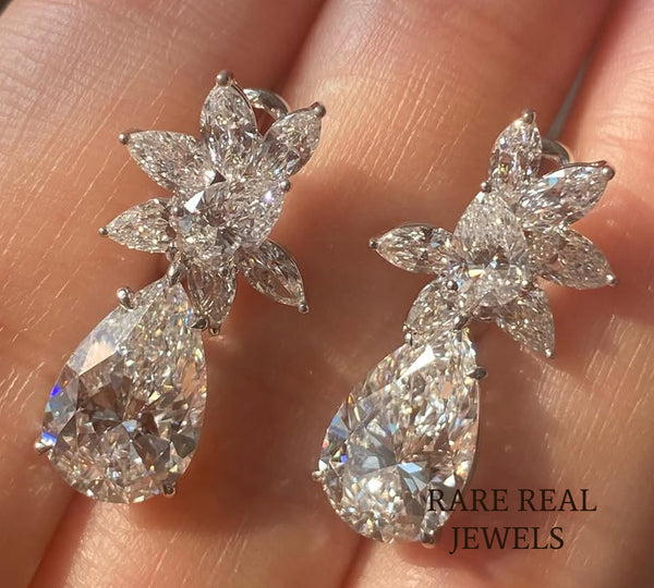 Pear Cut Lab Grown Diamond Floral Cluster Dangle Earrings, Bridal White Gold