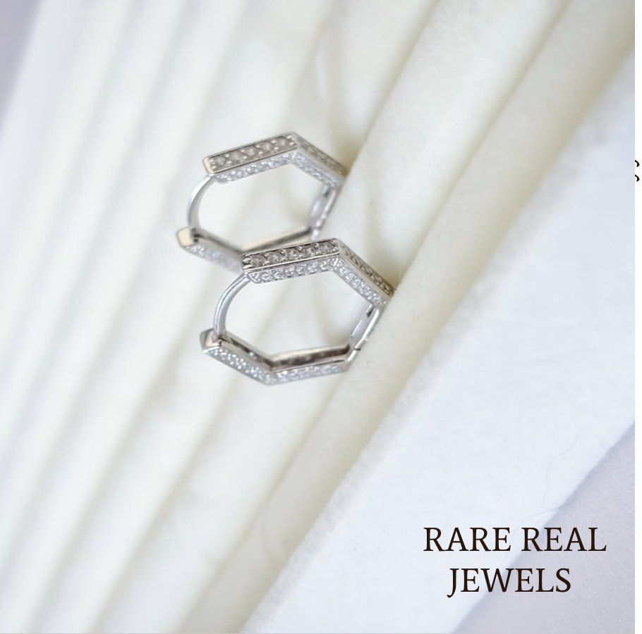 Luxury Hexagon Pavé Diamond Hoop Earrings in 14K White Gold – Modern Geometric Huggie Earrings for Women