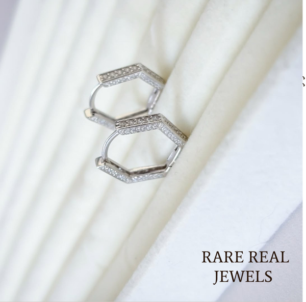 Luxury Hexagon Pavé Diamond Hoop Earrings in 14K White Gold – Modern Geometric Huggie Earrings for Women